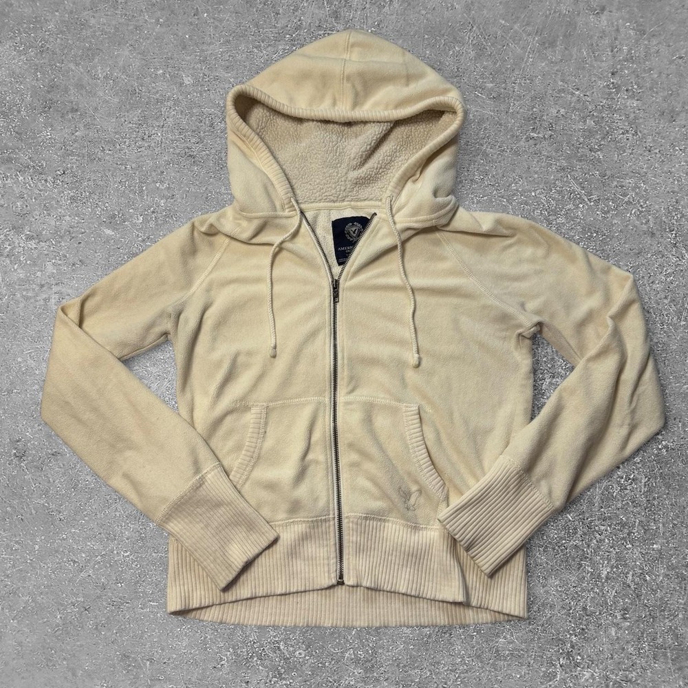 American Eagle Outfitters Vintage Y2K Cream Zip Up Hoodie Sherpa Hood Tan Large